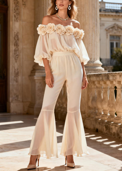 Vogue White Chiffon Shirts and Flared Trousers Two Piece Set Spring