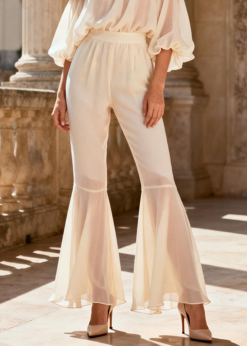 Vogue White Chiffon Shirts and Flared Trousers Two Piece Set Spring