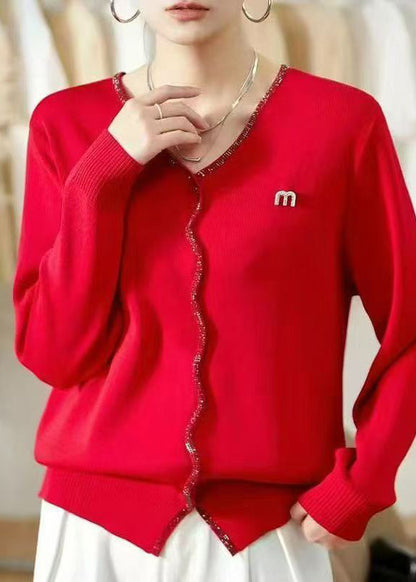 Warm Red V Neck Knit Sweaters Fall