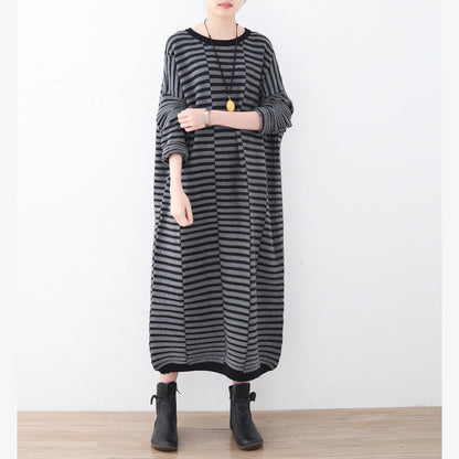 Warm Striped Knit Dresses Patchwork Sweater Gray Pullover Sweater