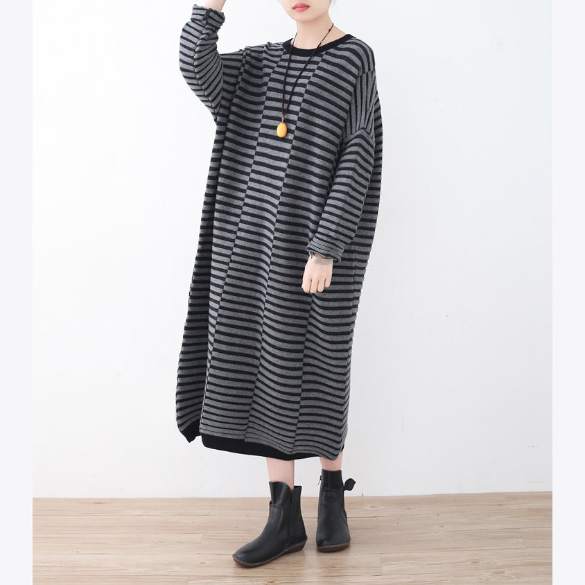 Warm Striped Knit Dresses Patchwork Sweater Gray Pullover Sweater