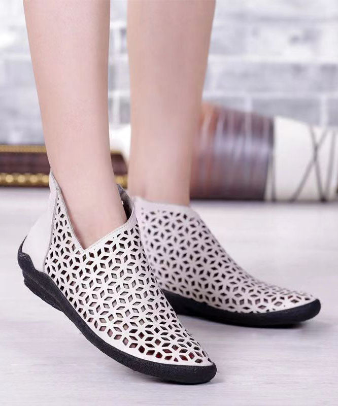 White Ankle Boots Wedge Cowhide Leather Splicing Hollow Out