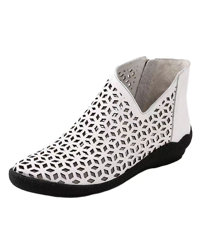 White Ankle Boots Wedge Cowhide Leather Splicing Hollow Out