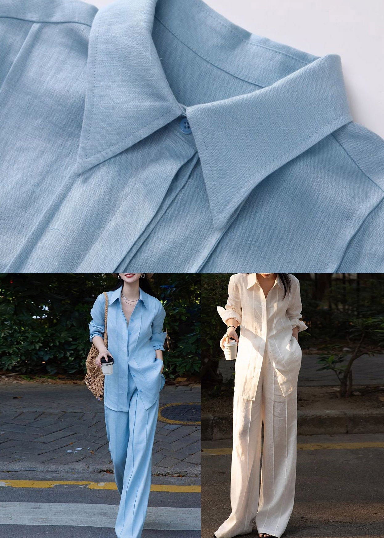 White Button Linen Shirts and Wide Leg Pants Two Pieces Set Spring