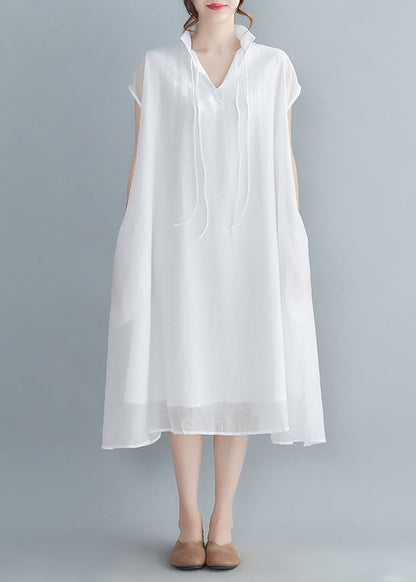 White Chiffon Long Dress Extra Large Hem Lace Up Short Sleeve
