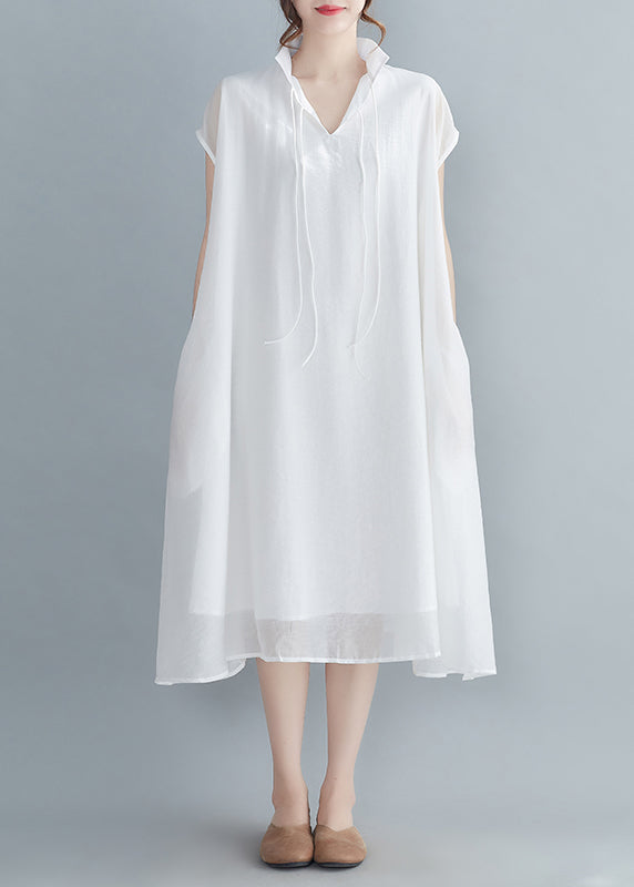 White Chiffon Long Dress Extra Large Hem Lace Up Short Sleeve