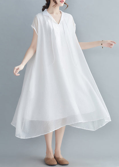 White Chiffon Long Dress Extra Large Hem Lace Up Short Sleeve