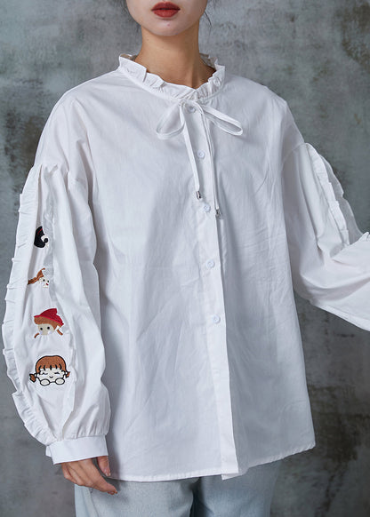 White Cotton Blouses Embroidered Ruffled Spring