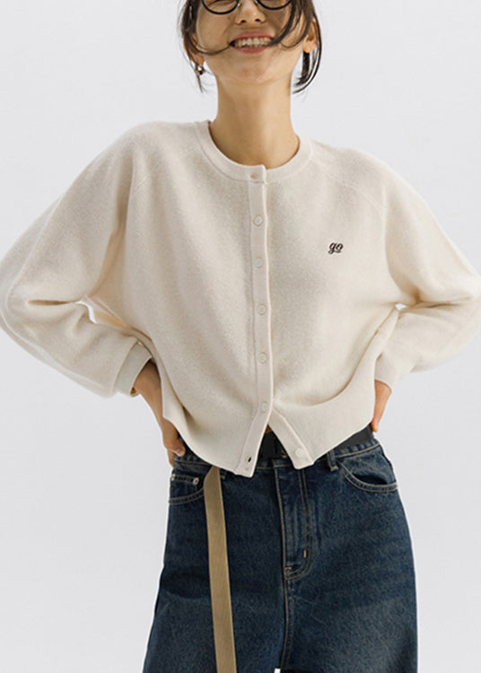White Cozy Button Woolen Knit Cardigan Long Sleeve
