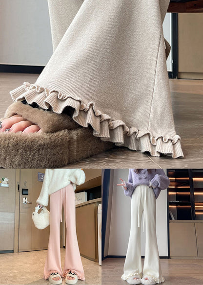 White Elastic Waist Knit Flared Trousers Ruffled