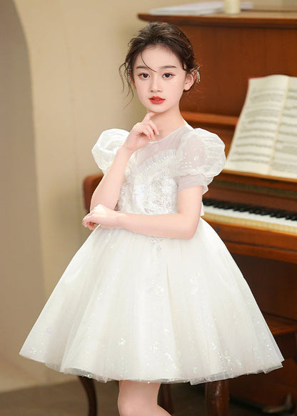 White Embroideried Tulle Baby Party Dress Puff Sleeve Summer