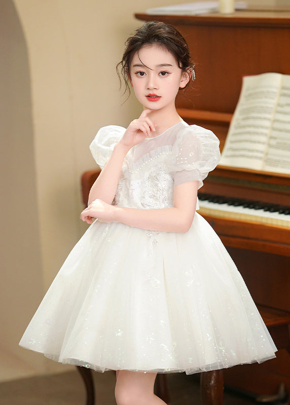 White Embroideried Tulle Baby Party Dress Puff Sleeve Summer
