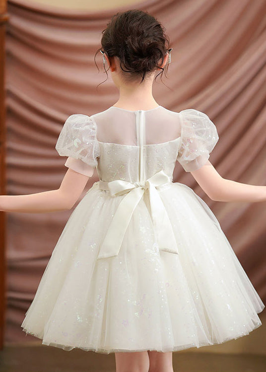 White Embroideried Tulle Baby Party Dress Puff Sleeve Summer