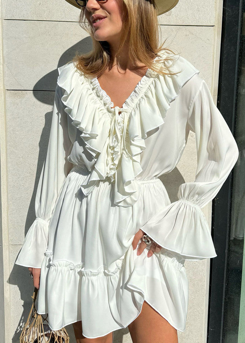 White Lace Up Cotton Mid Dress Ruffled Spring