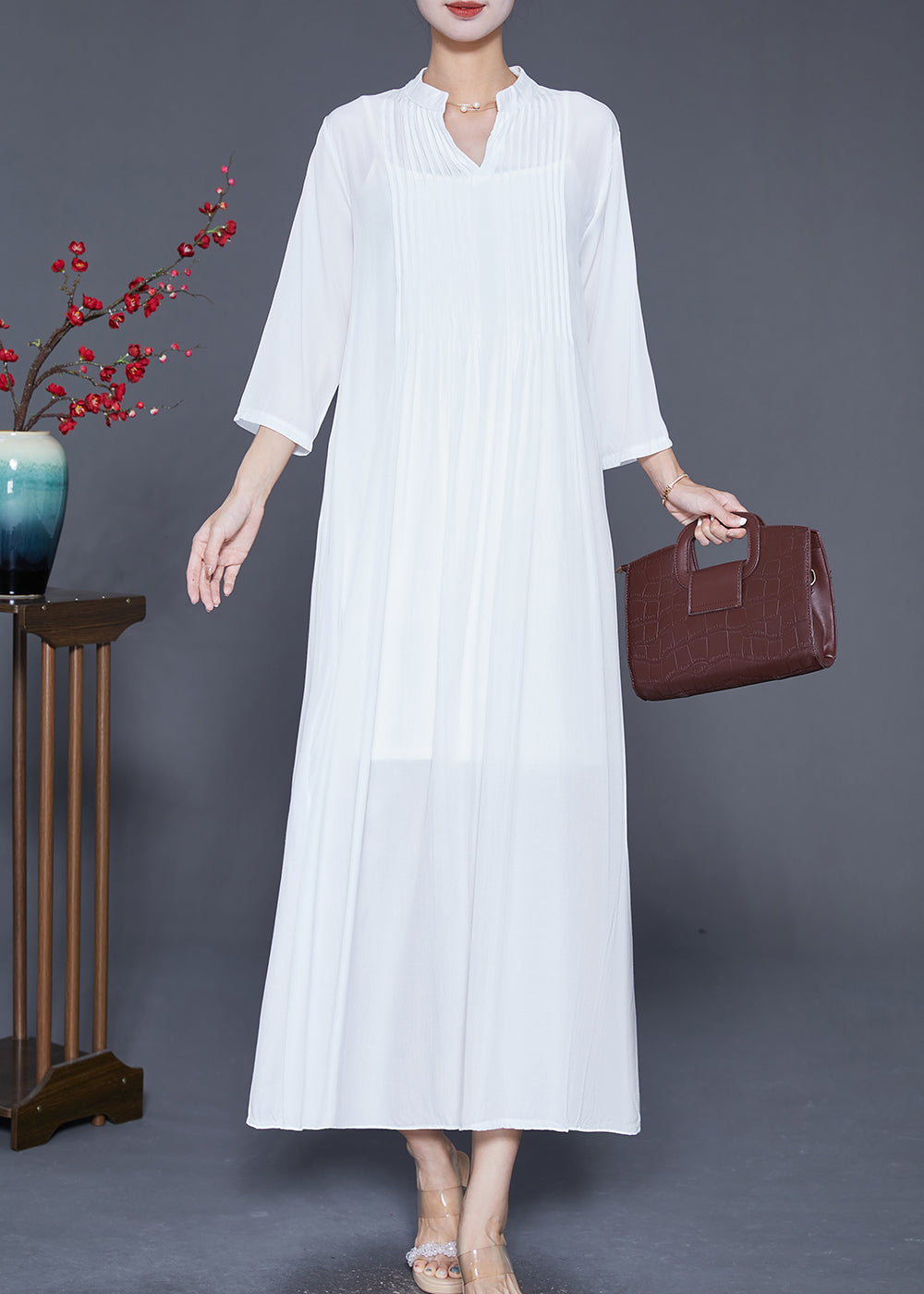 White Linen a Line Dresses Oversized Wrinkled Bracelet Sleeve