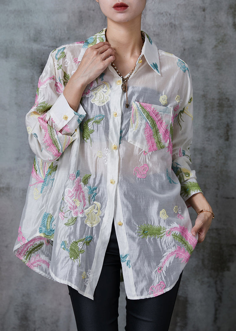 White Linen Silk Upf 50+ Shirt Top Embroidered Summer