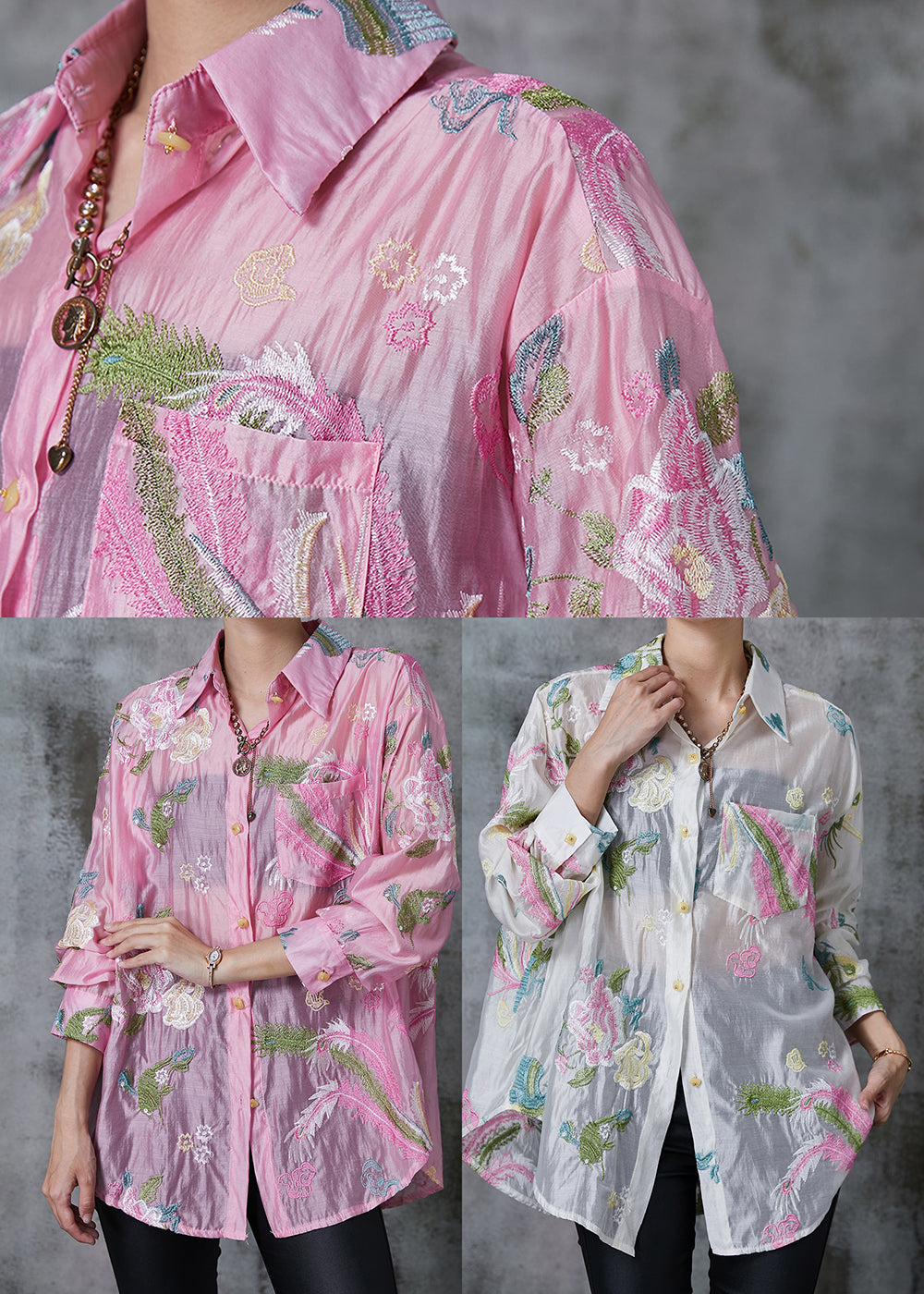 White Linen Silk Upf 50+ Shirt Top Embroidered Summer