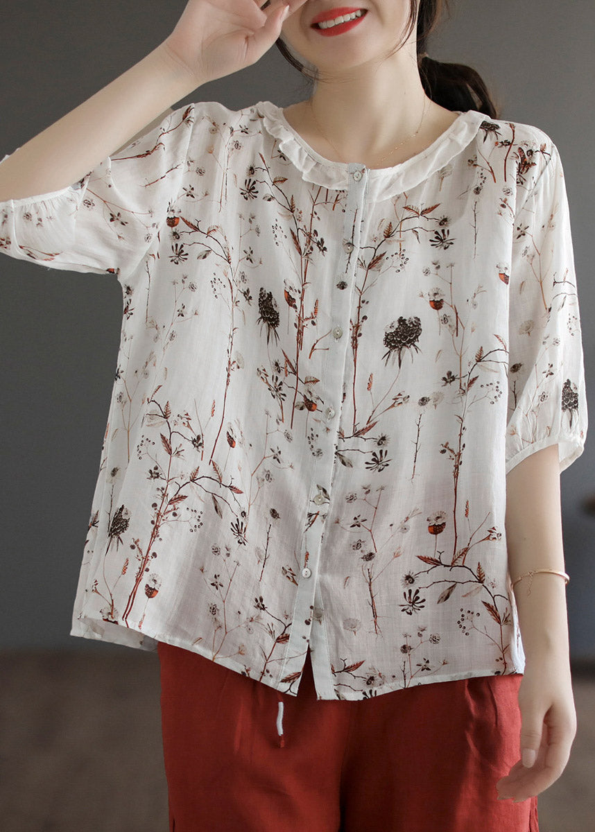 White O-neck Button Linen Shirt Half Sleeve