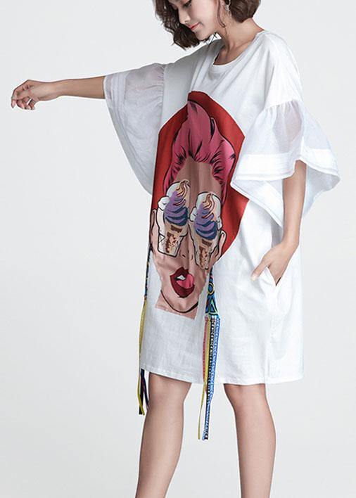 White O-neck Flare Sleeve Print Summer Vacation Dress