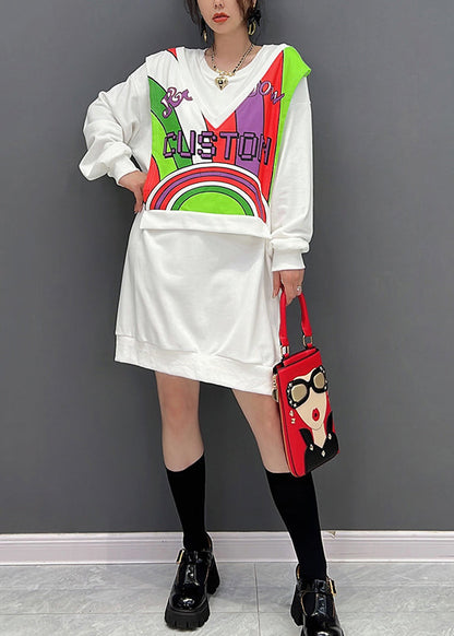 White O-neck Print Fake Two Pieces Cotton Mid Dresses Winter