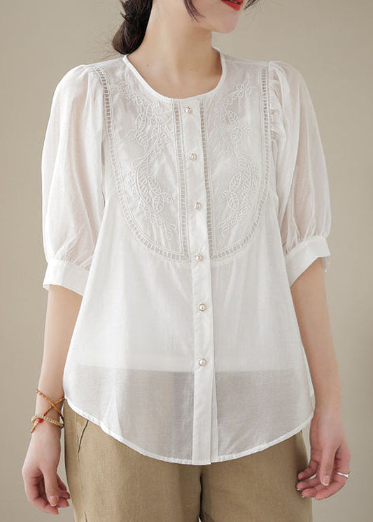 White Patchwork Cotton Top Embroideried O-neck Wrinkled Summer