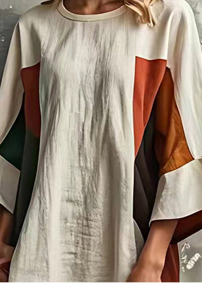 White Patchwork Cotton Vacation Dresses O-neck Flare Sleeve