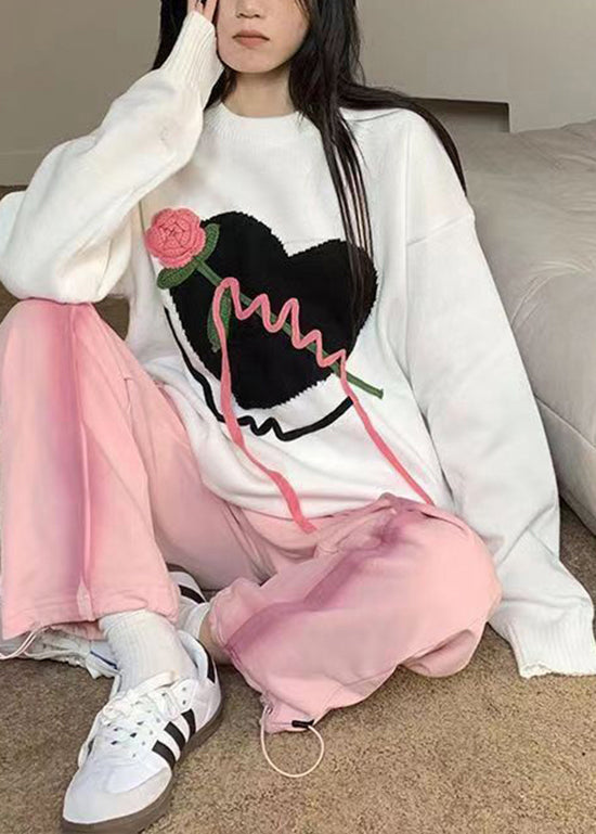 White Patchwork Cozy Knit Sweaters O Neck Heart Fall