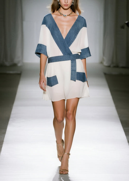 White Patchwork Denim Chiffon Mini Dresses V Neck Summer