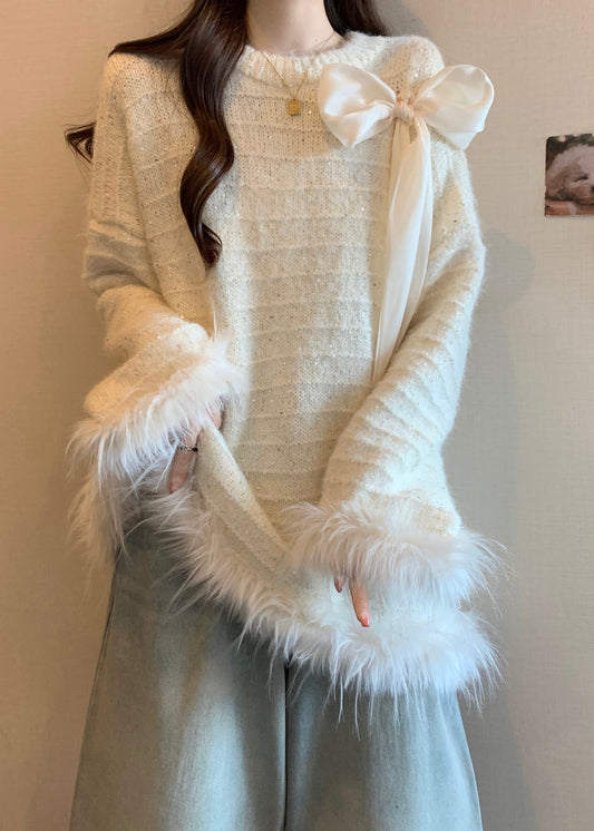 White Patchwork Faux Fur Knit Sweaters Oversized Fall