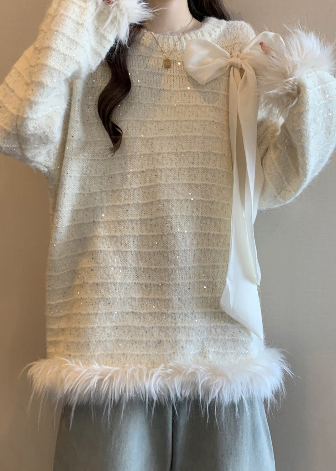 White Patchwork Faux Fur Knit Sweaters Oversized Fall