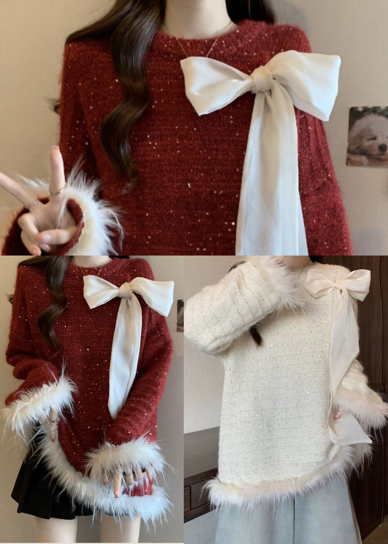 White Patchwork Faux Fur Knit Sweaters Oversized Fall