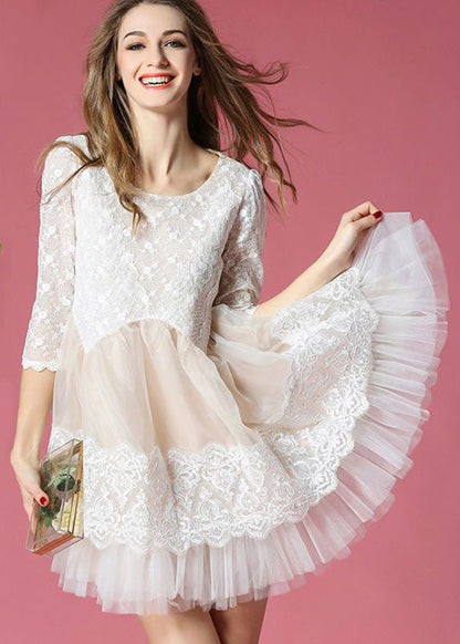 White Patchwork Lace Organza Day Dress O-neck Exra Large Hem Summer
