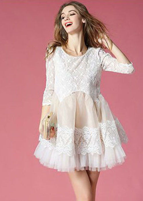 White Patchwork Lace Organza Day Dress O-neck Exra Large Hem Summer