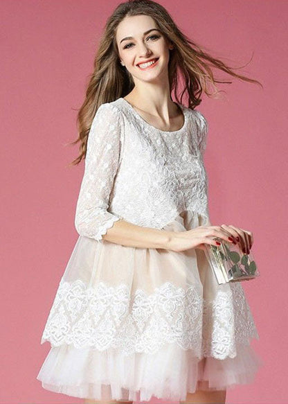 White Patchwork Lace Organza Day Dress O-neck Exra Large Hem Summer