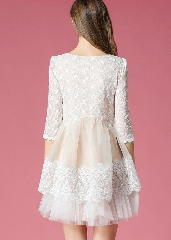 White Patchwork Lace Organza Day Dress O-neck Exra Large Hem Summer
