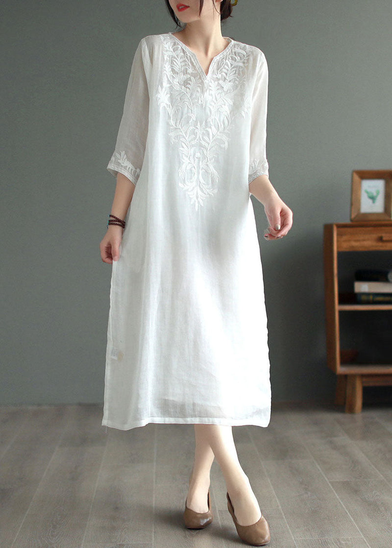 White Geometry Patchwork Linen Dresses V Neck Embroidered Bracelet Sleeve