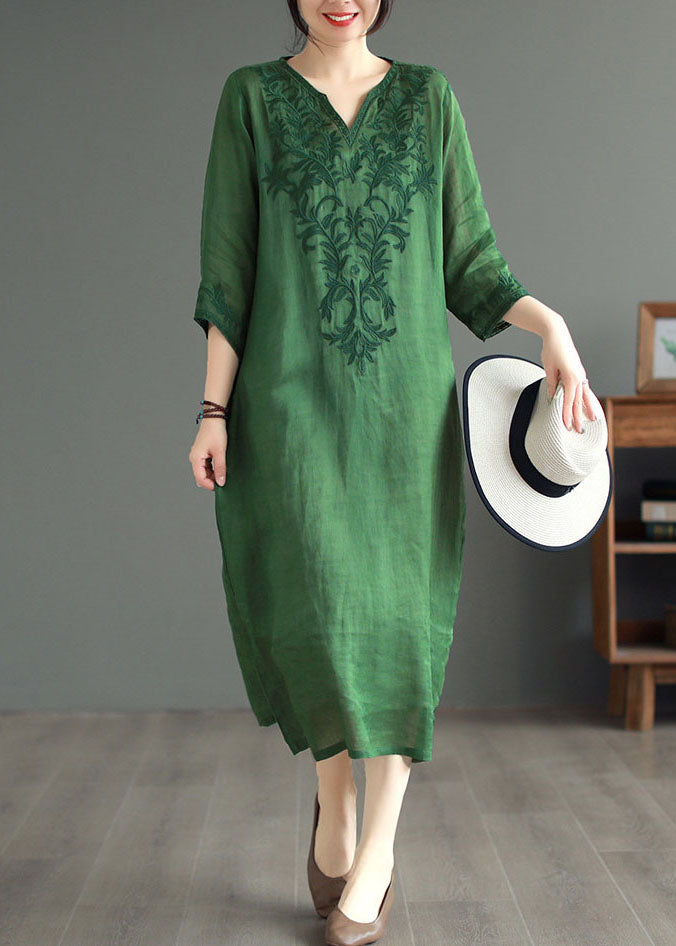 White Geometry Patchwork Linen Dresses V Neck Embroidered Bracelet Sleeve