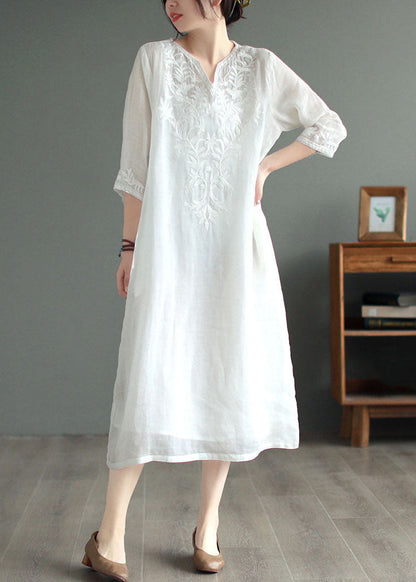 Black Geometry Patchwork Linen Dresses V Neck Embroidered Bracelet Sleeve