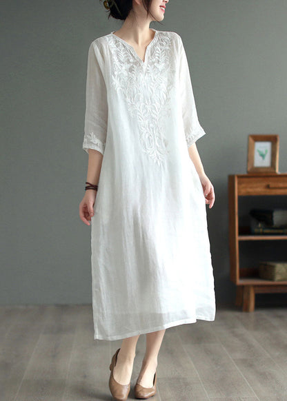 White Geometry Patchwork Linen Dresses V Neck Embroidered Bracelet Sleeve