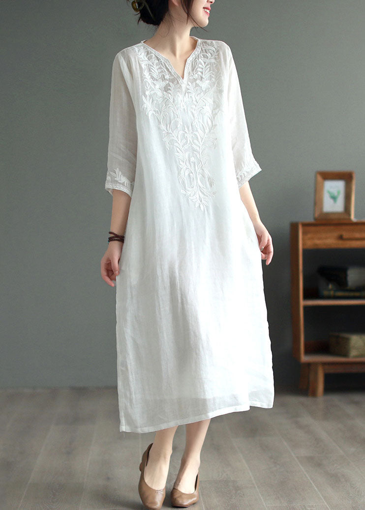 Black Geometry Patchwork Linen Dresses V Neck Embroidered Bracelet Sleeve