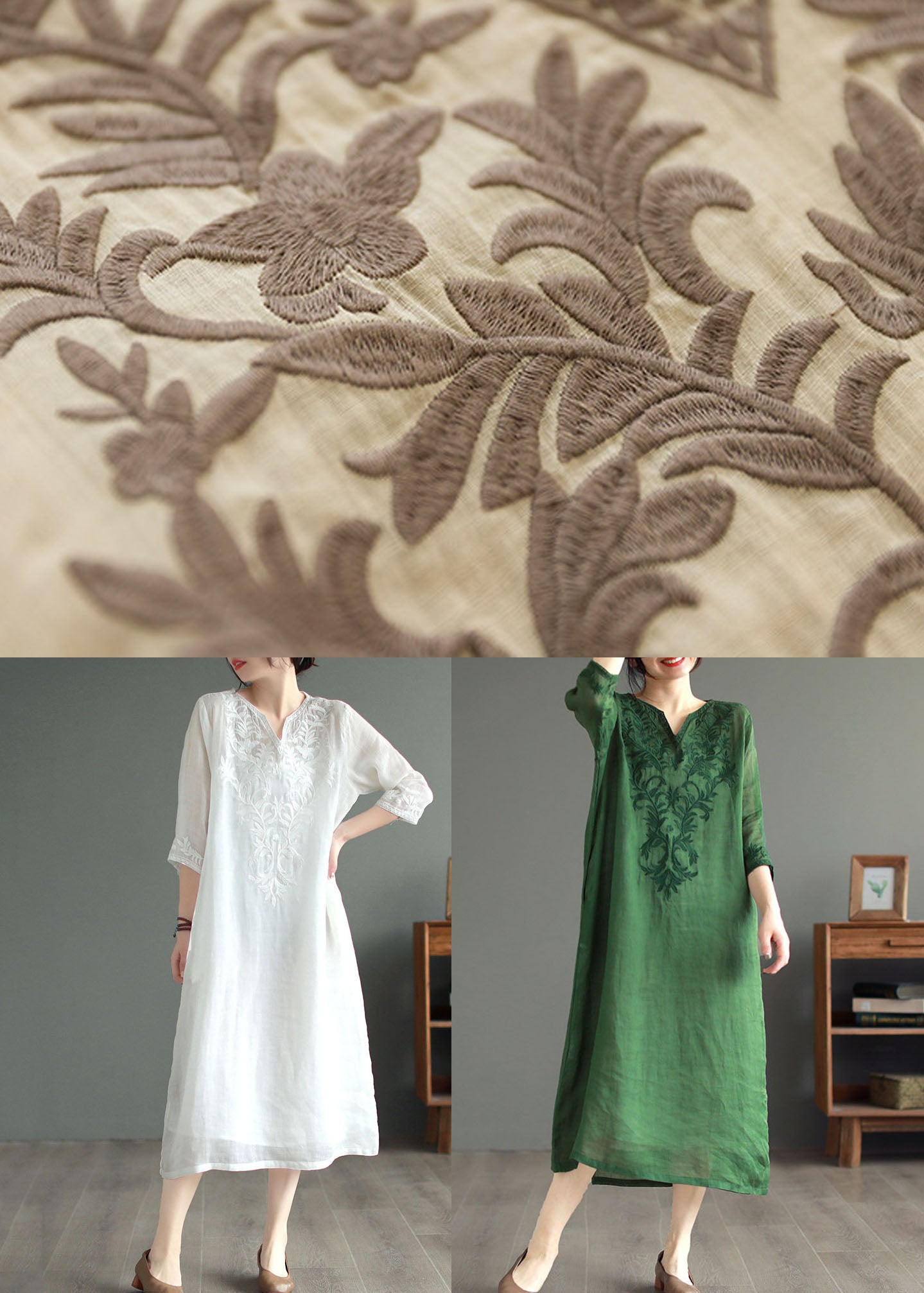 White Geometry Patchwork Linen Dresses V Neck Embroidered Bracelet Sleeve