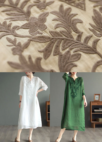 Black Geometry Patchwork Linen Dresses V Neck Embroidered Bracelet Sleeve