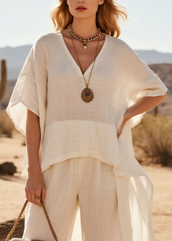 White Patchwork Linen Two Piece Suit Set Oversized Low High Design Summer