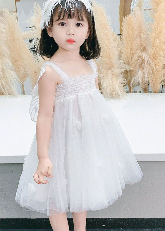White Patchwork Tulle Baby Dresses Ruffled Butterfly Summer