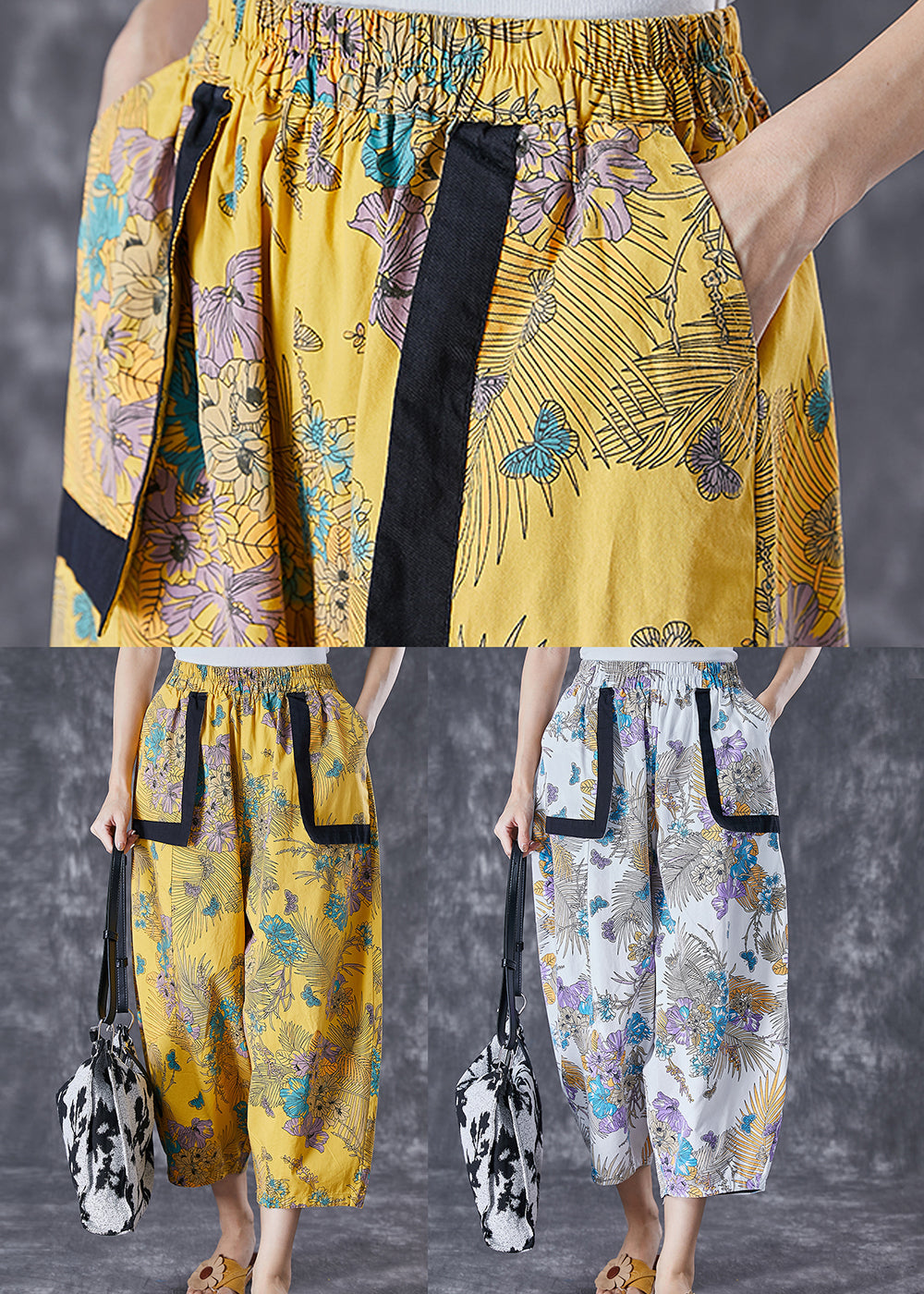 White Print Cotton Harem Pants Oversized Pockets Summer