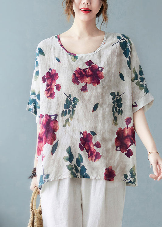 White Print Cotton Tanks O-neck Low High Design Short Sleeve