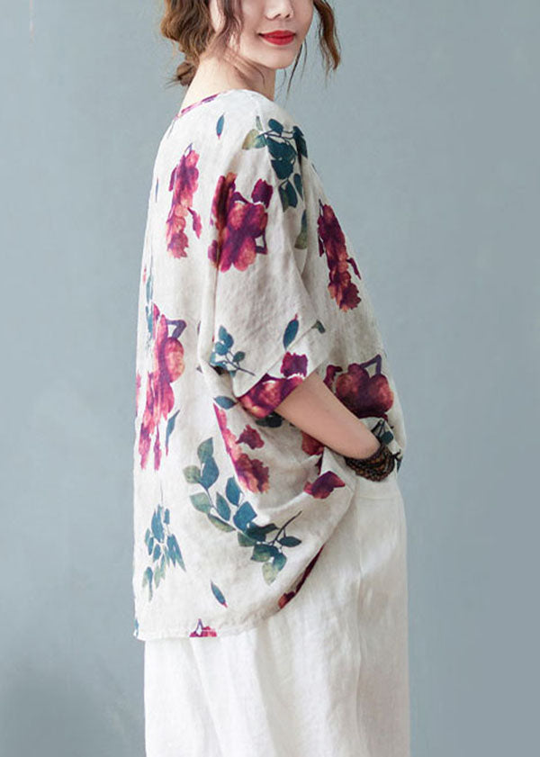 White Print Cotton Tanks O-neck Low High Design Short Sleeve
