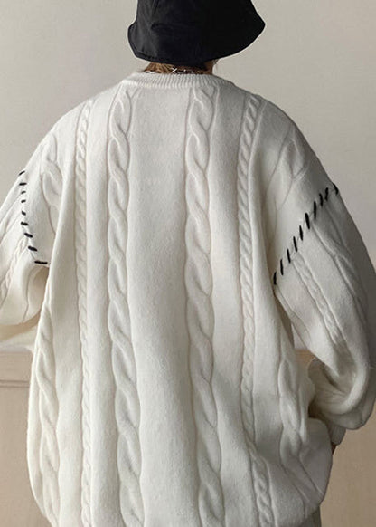 White Print Cozy Cotton Knit Winter Sweaters O Neck