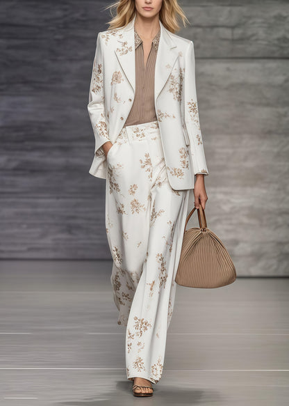 White Print Draping Spandex Coat and Straight Pants Two Piece Set Oversized Spring