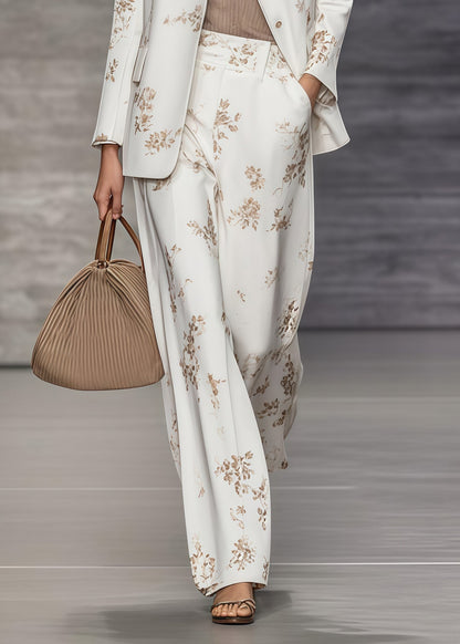 White Print Draping Spandex Coat and Straight Pants Two Piece Set Oversized Spring